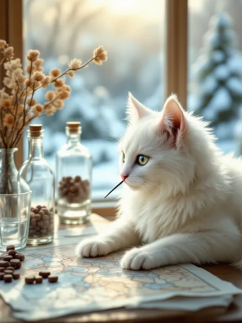 A white fluffy cat is sitting at the table and drawing a geographical map, there is a bottle of clear alcohol on the table, a glass and a vase with chocolate pills, outside the window a sunny winter morning ,!high resolution,  realistically , professional ...