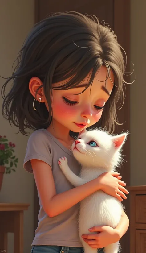 A young girl with tears in her eyes gently holds her old white kitten with blue eyes. The kitten, weak but full of love, snuggles onto her chest, looking at her tenderly. The style is animated, with warm lighting and a touch of sadness