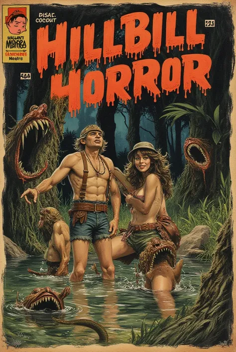 classic comic book cover “HILLBILLY HORROR”, bold font, classic horror font, stroke embossed border, redneck guy and hillbilly girl in the bayou, swamp, sexy shorts, attacked by mutant leeches, retro horror vibe, torn  cover, old paper, collector’s item, s...