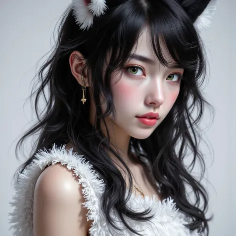 1 girl, animal__ on a panett's fluffy, animal_S, 前hair, Naked_shoulder, black_hair, , chest, cin_S,  closed _mouth, Eyebrow_viSible_ through _hair, green_eye,  grey_background, hair_betweens_eye, Khalil_(princess_Connect!), length_hair,  accurately _in_vie...