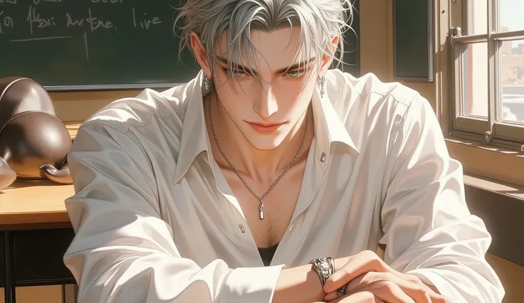 bright warm sun, school class. He's sitting on a chair at his desk. and a student is talking to classmates. a thin, soft face. A young guy. high. grey hair. Square with a straight cut. Heterochromia. One eye is green, the other is pink, but not bright. Coc...