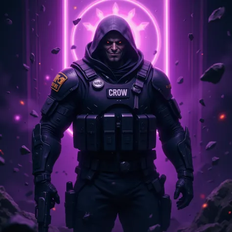 Special forces emblem. Include a muscular spec ops Crow. Include the name "MAB" on a special forces patch on uniform. Include the name "Crow" on armor. Mean look on his face. Sinister, smug smirk. Glowing purple light, steel, badass crow soldier, Spec Ops ...