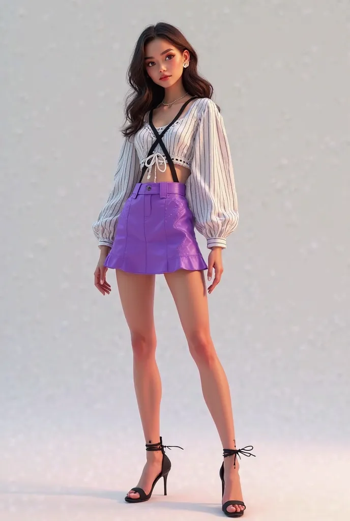 Girl wearing a purple miniskirt with black straps and a white shirt with stripes and dots 
