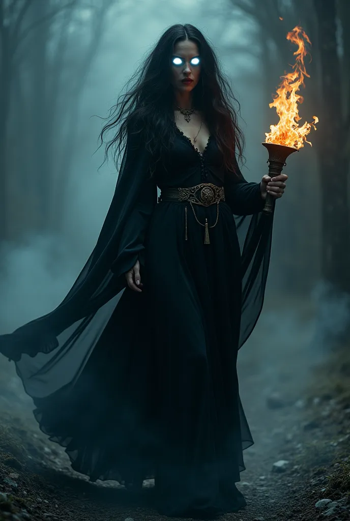 A mysterious and powerful sorceress emerges from the depths of the night, her piercing white-glowing eyes radiating an eerie supernatural presence. Draped in a flowing black gown that clings to her form, the fabric moves as if woven from shadows themselves...