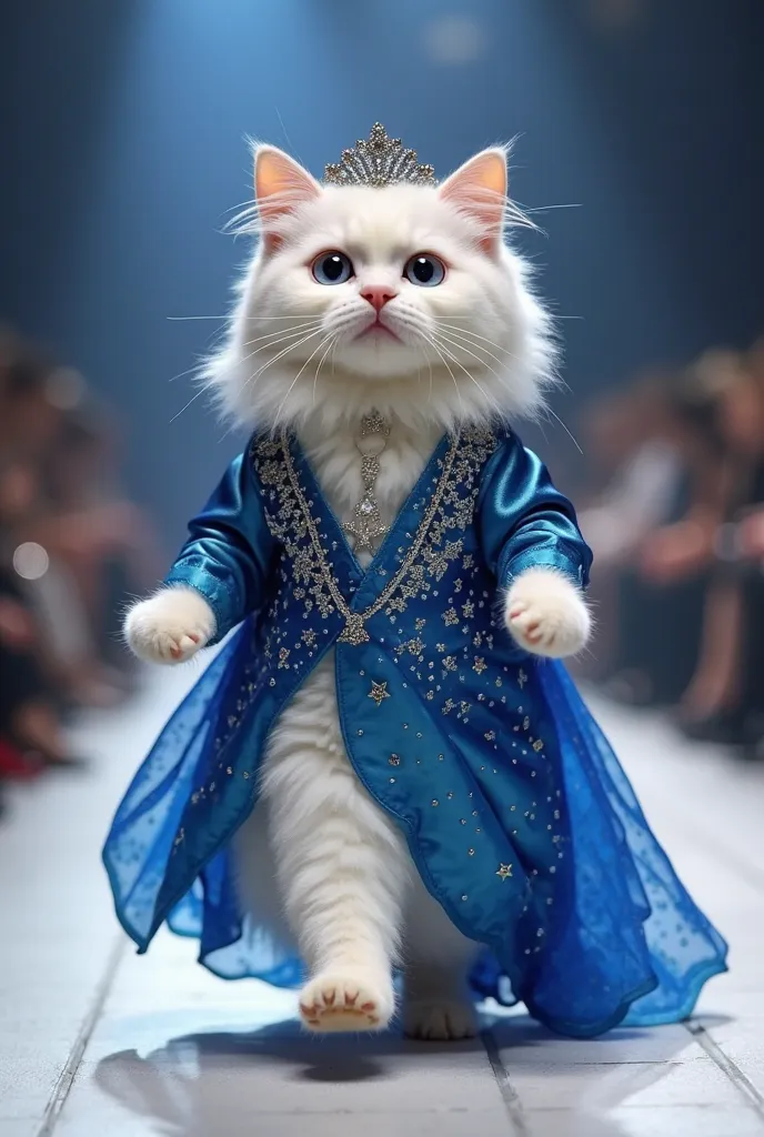 A white, fluffy cat with a bright, curious gaze trots down the runway in a royal blue Arabic gown, covered in sparkling silver stars. She’s wearing a matching silver tiara and shiny silver heels that make a soft tinkling sound as she prances with joy down ...