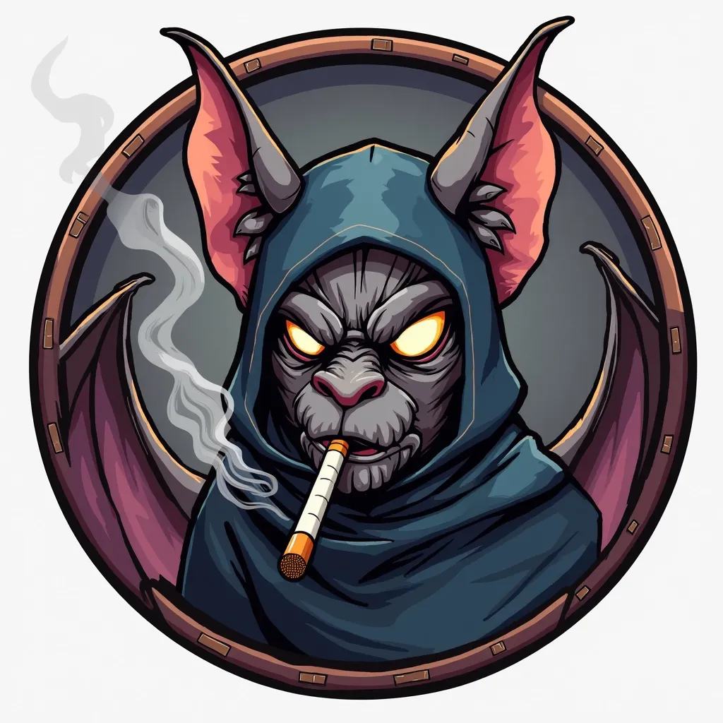 Create a logo in the cartoon style, with a circular emblem forming a border around the main drawing.  in the center, there is a bat wearing a balaclava, but his mouth is visible to show that he is smoking a cigarette. The cigarette grill must be burning, w...