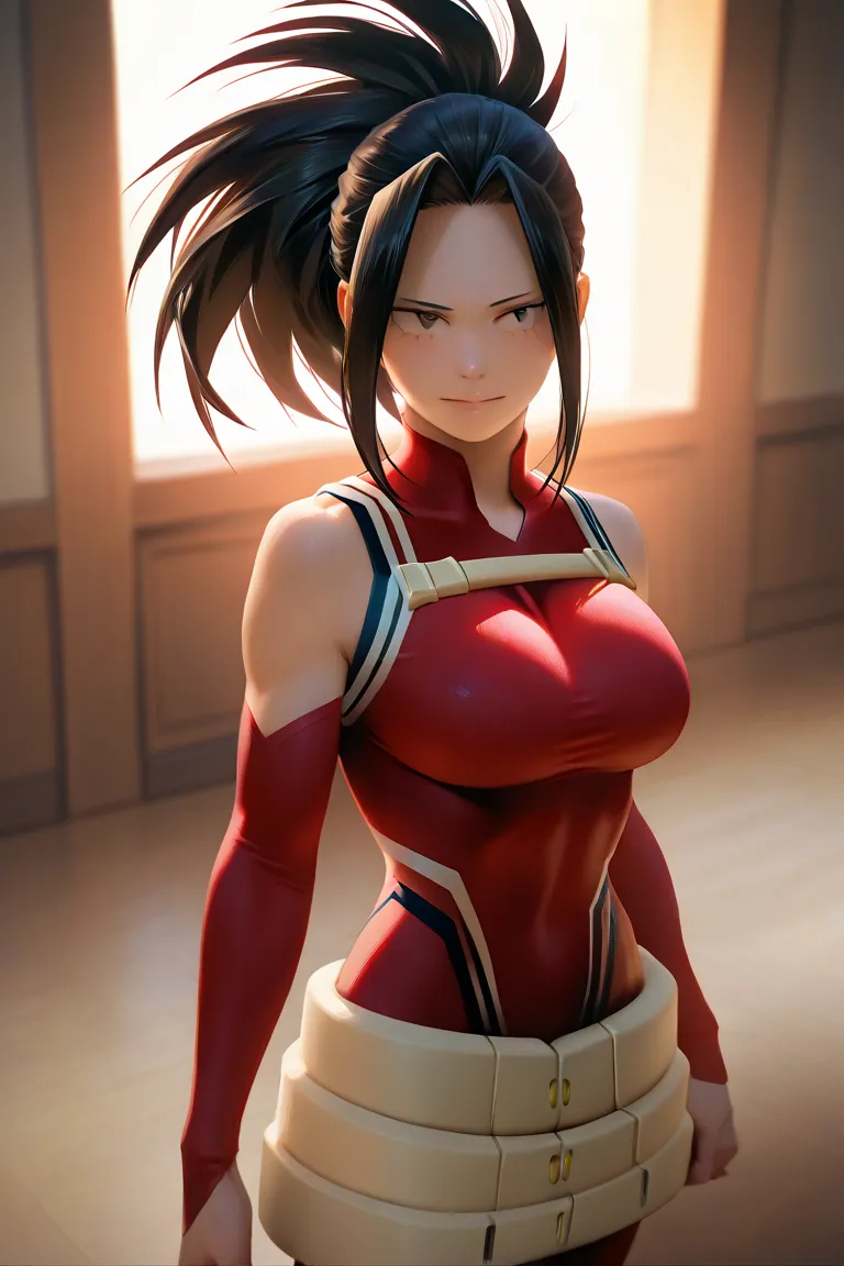 1 girl, momo yaoyorozu , my hero academia, tight red bodysuit swimsuit, black hair, slim waist, big boobs, big sexy ass