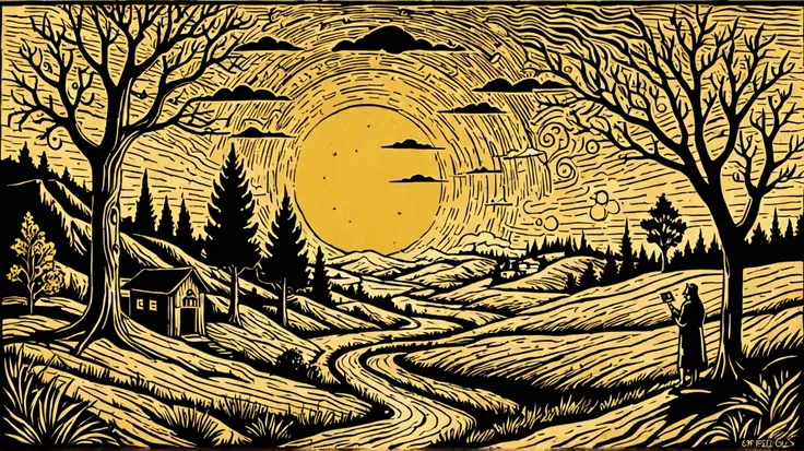 Create a rustic woodcut style image digital art surreal, using only black, beige and yellow colors. God from the heaven guide his people,israel