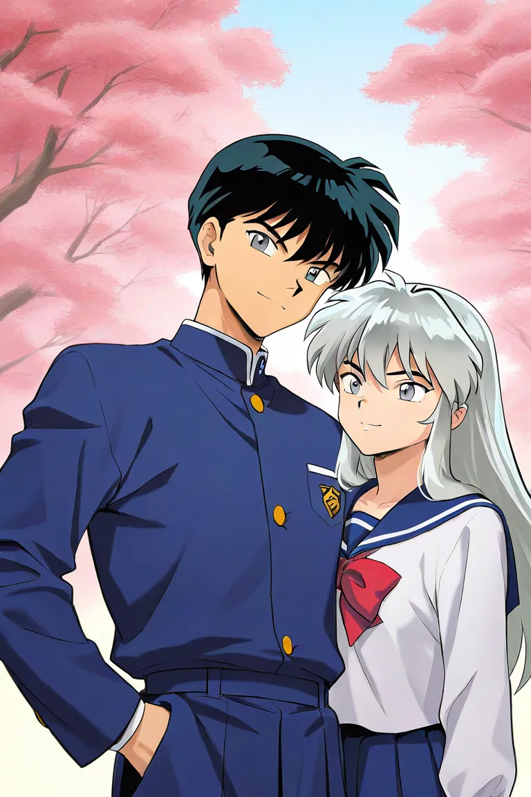 One boy. A tall handsome 18 years old boy with Black short hair, light cold gray eyes, cooky, wearing blue school uniform. The boy is confident. Inuyasha manga art style. 