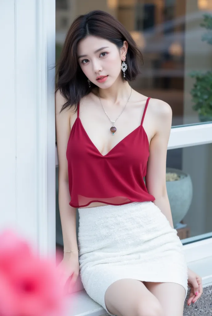 (Detailed body, detailed face, best quality: 1.2), short hair, close-up, beautiful Korean female model, looking at the viewer, ((Modern crimson chiffon backless camisole,)), ((White sequined modern pencil skirt)), (Modern jewelry, necklace, bracelet), (Lon...