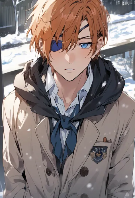 man ,20-year-old,  orange hair   , Blue Eye Patch , school uniform  ,  Attractive face, Short Hair, school uniform , in the snow during the day , bright eyes 