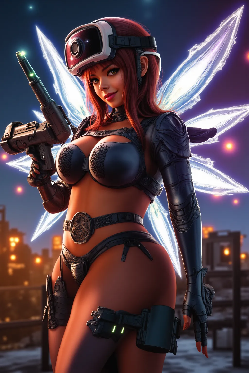 Atari video game Yar's revenge, cute woman in sexy cosplay as Yar (cybernetic insectoid warrior, jet pack, hologram wings, 4 arms, big gun). (Age 20, large saggy natural breasts, slim, athletic, nice hips and thighs, slender). Sexy outfit. In a virtual rea...