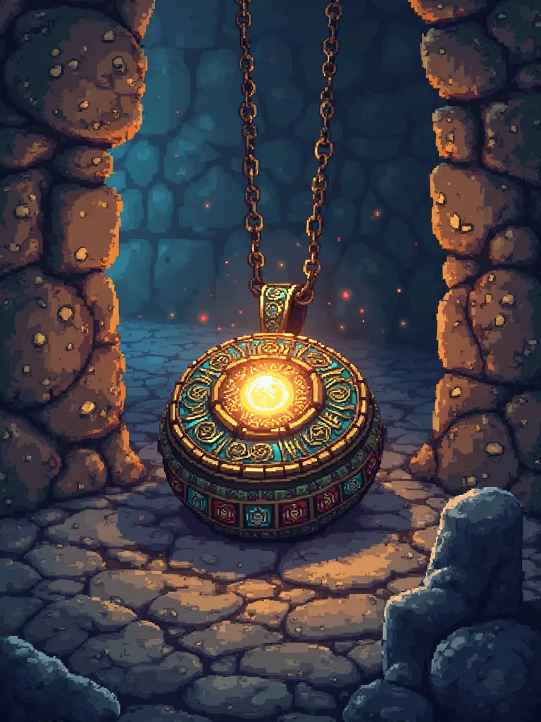 A small amulet, In a dungeon in retro animation, fancy,  Realistic, pixelart,  Pixel art 