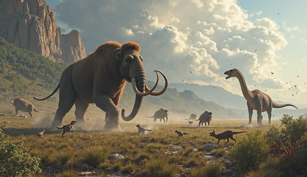 A dramatic scene of large mammals, like woolly mammoths and saber-toothed cats, encountering dinosaurs like a herd of Brachiosaurus or a group of raptors hunting in a vast, open plain.