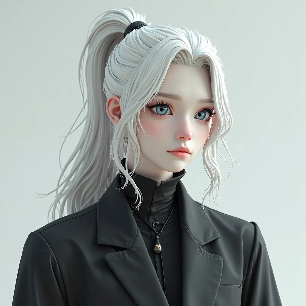 3D man with long white hair tied up in a high ponytail, pretty blue eyes and pale skin, wearing black clothes with white and natural beauty