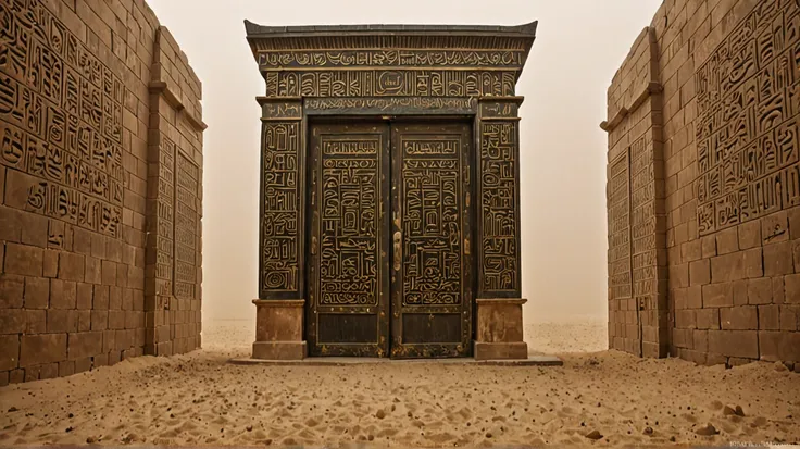 The Duath gate with dark tones, And with scriptures in the columns, The door is closed showing ornaments on the top and a scripture "DuaTH" Egyptians at the bottom. The background is a desert with intense fog covering only the bottom of the door..