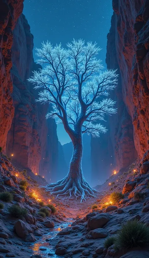 photorealistic breathtaking vast canyon landscape, colossal ancient bioluminescent tree growing from the canyon floor, towering red rock walls illuminated by the tree's soft blue glow, glowing roots spreading across the canyon walls, fireflies enhancing th...