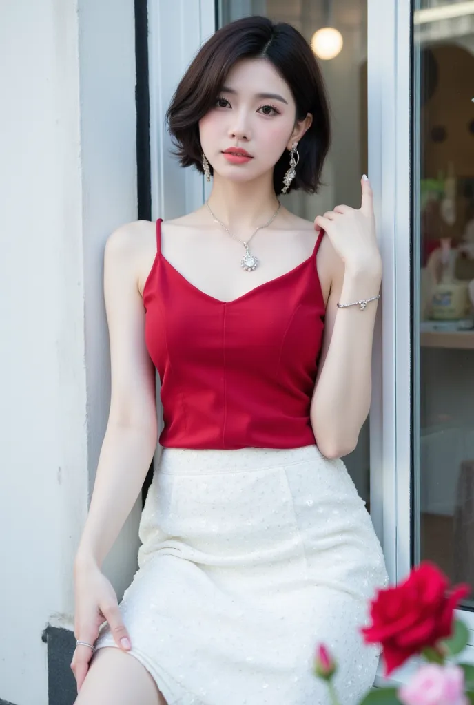 (Detailed body, detailed face, best quality: 1.2), short hair, close-up, beautiful Korean female model, looking at the viewer, ((Modern crimson chiffon backless camisole,)), ((White sequined modern pencil skirt)), (Modern jewelry, necklace, bracelet), (Lon...