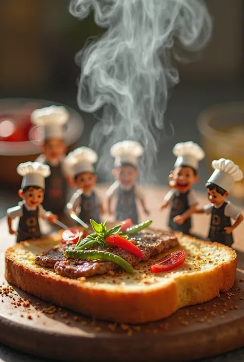 A group of tiny chefs wearing aprons and tall hats are cooking vegetables and grilling meat on a giant toasted bread slice as if it were a frying pan. Light steam rises, spices are sprinkled around. Their faces show focus and joy. Macro photography style w...