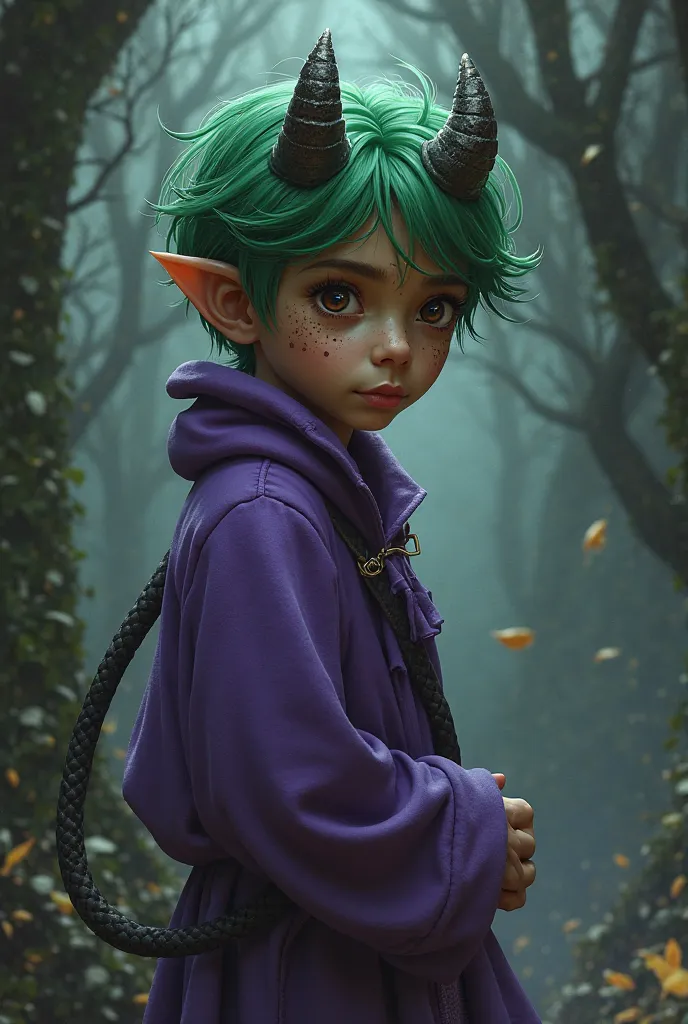 A dark skinned young boy with green hair, horns, and a demon tail, and freckles on his cheeks. He wears Purple clothing 