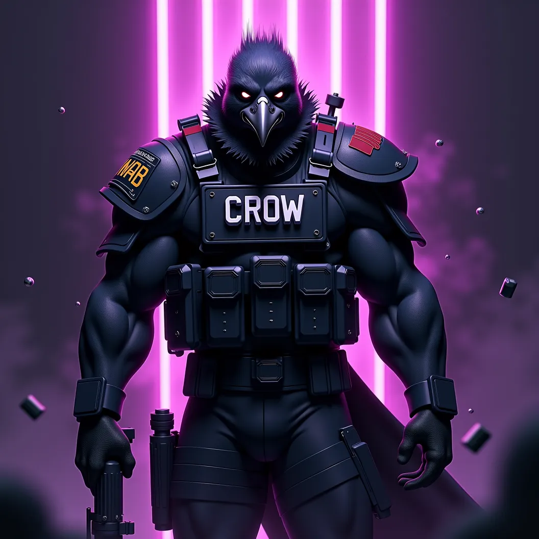 Special forces emblem. Include a muscular spec ops Crow. Include the name "MAB" on a special forces patch on uniform. Include the name "Crow" on armor. Mean look on his face. Sinister, smug smirk. Glowing purple light, steel, badass crow soldier, Spec Ops ...