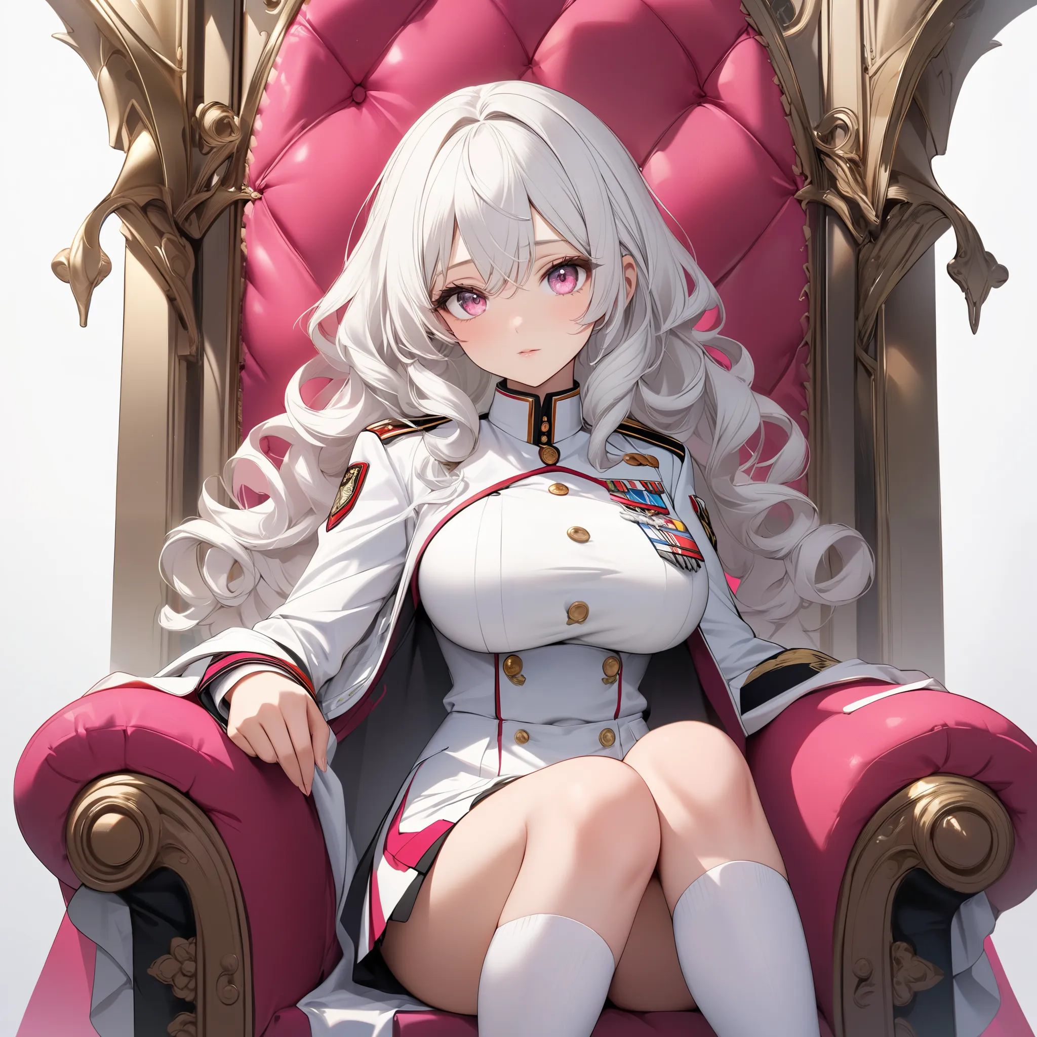 High resolution, high quality, HD, beautiful female, 1 female, beautiful, ager, big breasts, long straight white hair, curly hairstyle, pink colored eyes, white military uniform with short skirt, knee high socks, sitting on a throne