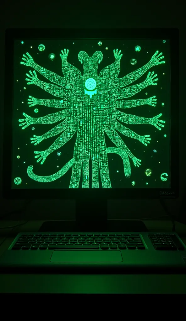 black computer screen, with a message in the center illuminated in green, Computer diets a demon made with green and blue codes like a hologram, With a thousand hands outstretched and a thousand heads looking 