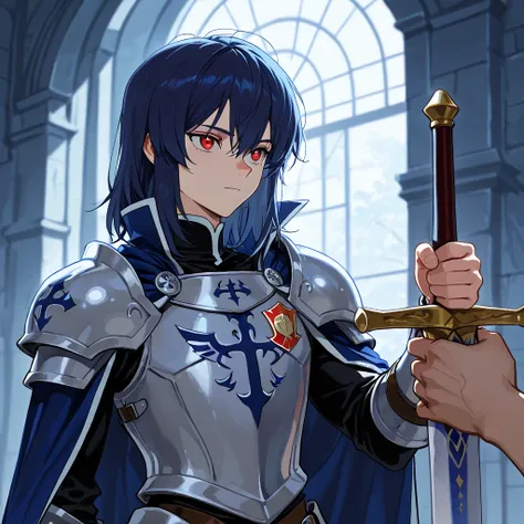 (masterpiece), best quality, newest, absurdres, highres, perfect anatomy, 1boy, artist: (PurpleStar108), Male gender, single, human, dark blue hair, medium hair, detailed armor, slim armor, medium shoulder pads, with a red badge, holding a Straight claymor...