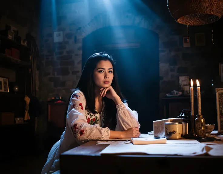A professional photograph of a woman sitting at a rustic wooden table in a dimly lit, mystical room. She has long, straight black hair, warm brown skin, and deep, expressive eyes. She wears a traditional white dress adorned with intricate floral embroider...