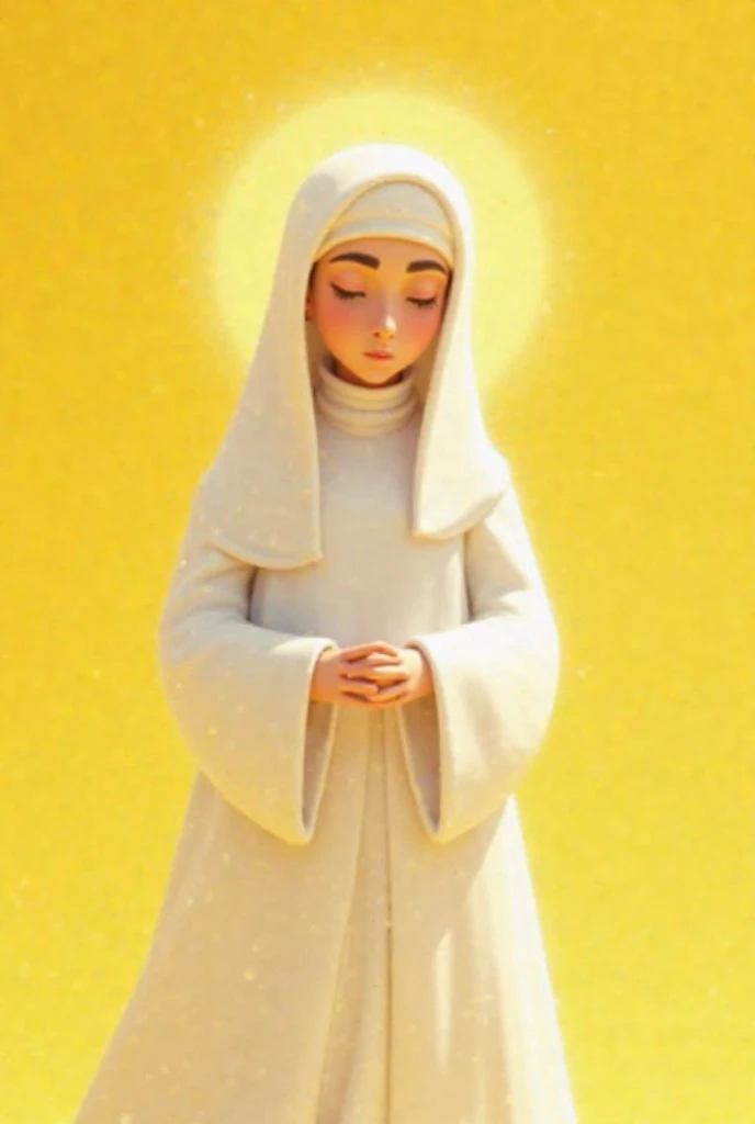 a nun in white robes animated with a yellow background 

