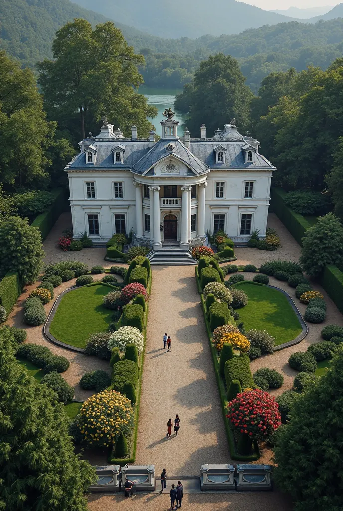 An old white mansion surrounded by flowers and a very large square and a labyrinth next to a lake behind it, Of a very magical day.  The perspective from above. Very real at night and people sitting on some benches 