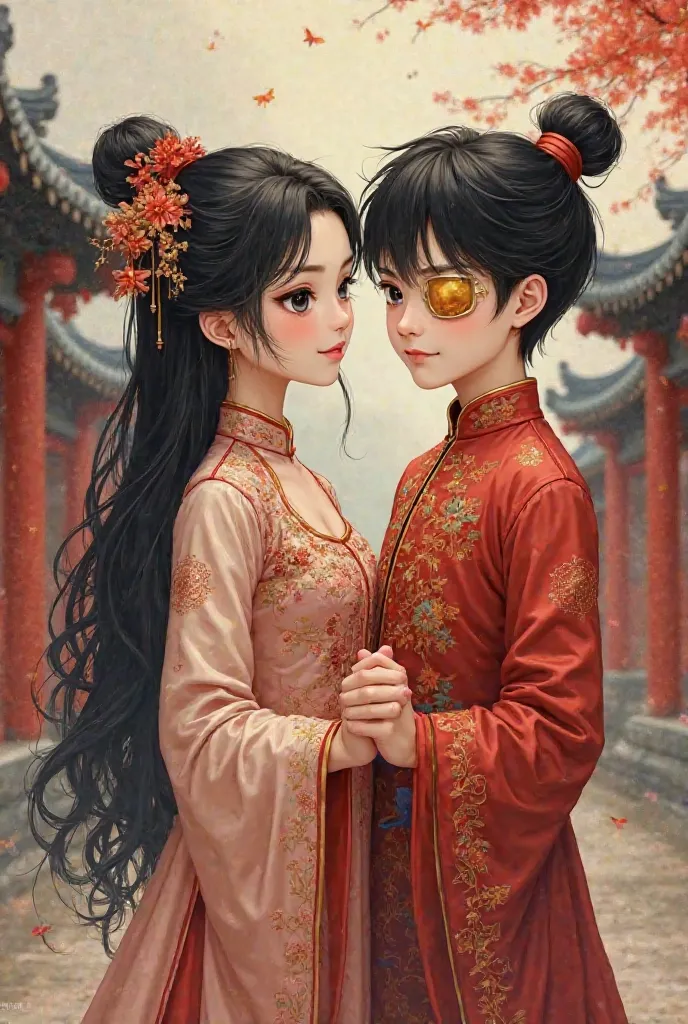 painting of a young black haired couple, the girl with black eyes while the boy wears a patch over his right eye and his left eye is amber both wearing beautiful traditional Chinese wedding outfits holding hands while behind them an ancient traditional Chi...