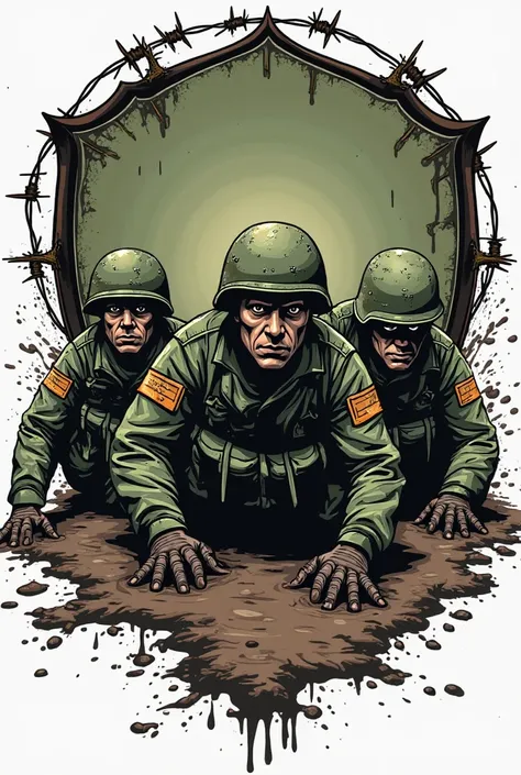 "Military-style cartoon emblem, featuring soldiers crawling in the mud under barbed wire. The design is robust, with striking lines and a stylized circular background, including splashing mud details. The color palette mixes shades of green, brown and blac...