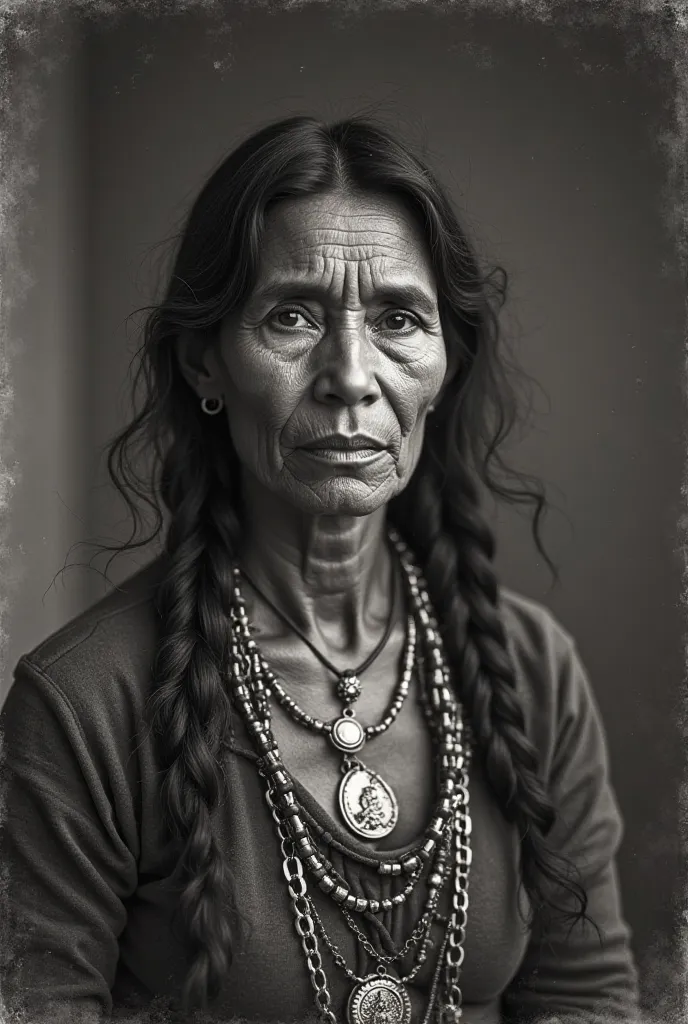 An old black and white photo of a woman of indigenous Brazilian origin aged 35. Ordinary folk. Aged photo from the 1840s more or less .