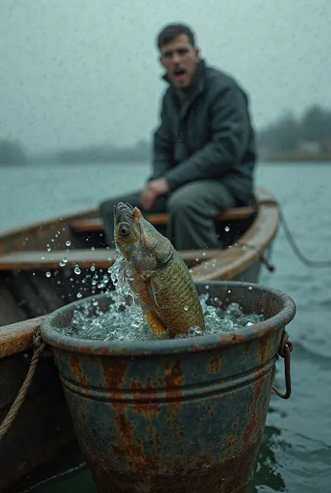 2 ️ № THE FISH THAT CAME BACK TO LIFE

Prompt:
"An old, rusty fishing bucket on a boat, with a fish jumping out of it in a surreal way, as if alive again. The fisherman in the background looks scared, Open-mouthed,  with wide-eyed .  The scene has a shade ...