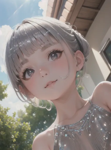 dutch angle from below, a  young mother,  (cumulonimbus cloud), perfrect body, top updo  silver hair , pointy nipples, glistening skin, detailed perfect face