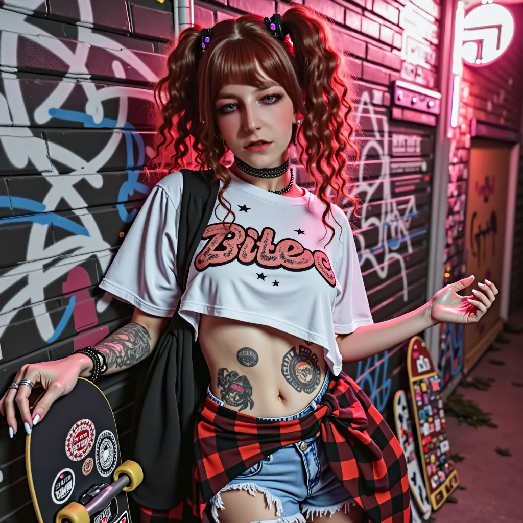 Young woman with extremely long vibrant and wavy cherry red hair, cherry red hair, blood red hair, wavy hair, extremely long hair, extremely long cherry red hair, long hair posing wearing a baggy white crop top that reads "bite me" in a unique gothic cursi...