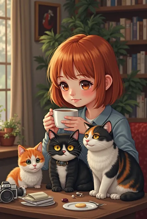 ginger girl with medium butterfly cut hair in cozy room filled with book and cameras drinking tea while holding her three cats: one black and white tuxedo cat, one fat chubby tabby cat, and the last one is three colored cat