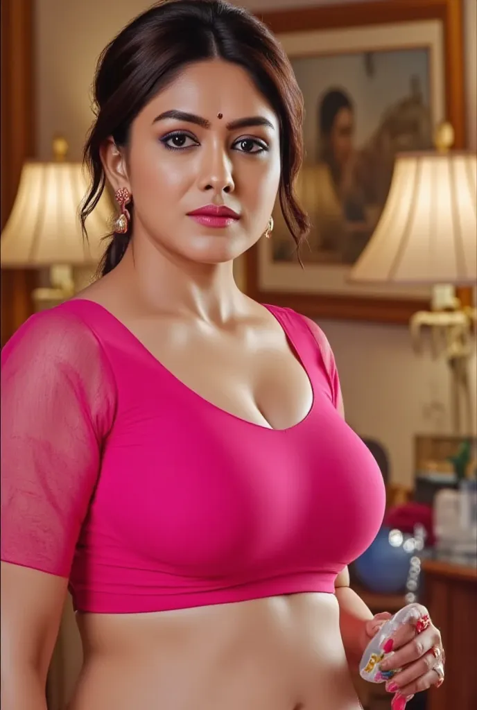 Busty woman,pink designer blouse and pink designer transparent saree, bedroom background,lamps in wall,picture in background,deep clevage,having milk in hand,sexy face,blue lusty eyes,navel chain, standing in bedroom,red lips, black eyeliners,black eyelash...