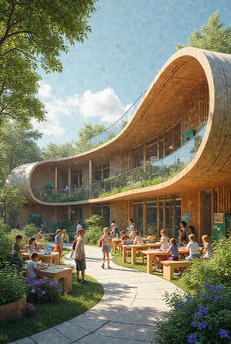 Generate a curved classroom designed to be sustainable 