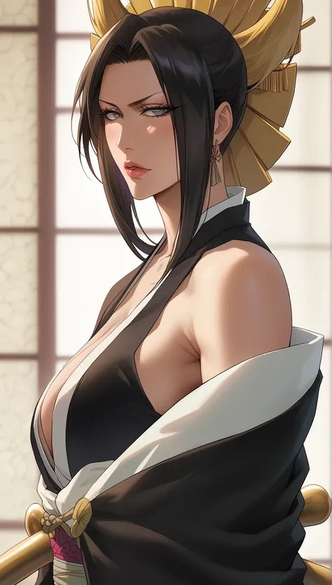 Senjumaru Shutara (Bleach), hourglass figure, big chest, looking qt viewer, black hair, wearing black kimono, Off-Shoulder Kimono 