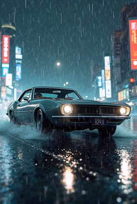 Create an image of a car running in the rain 