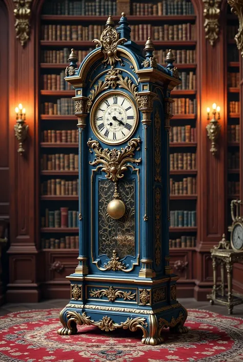 Generate an antique clock merged with a century-old university library, with navy blue and scarlet red colors