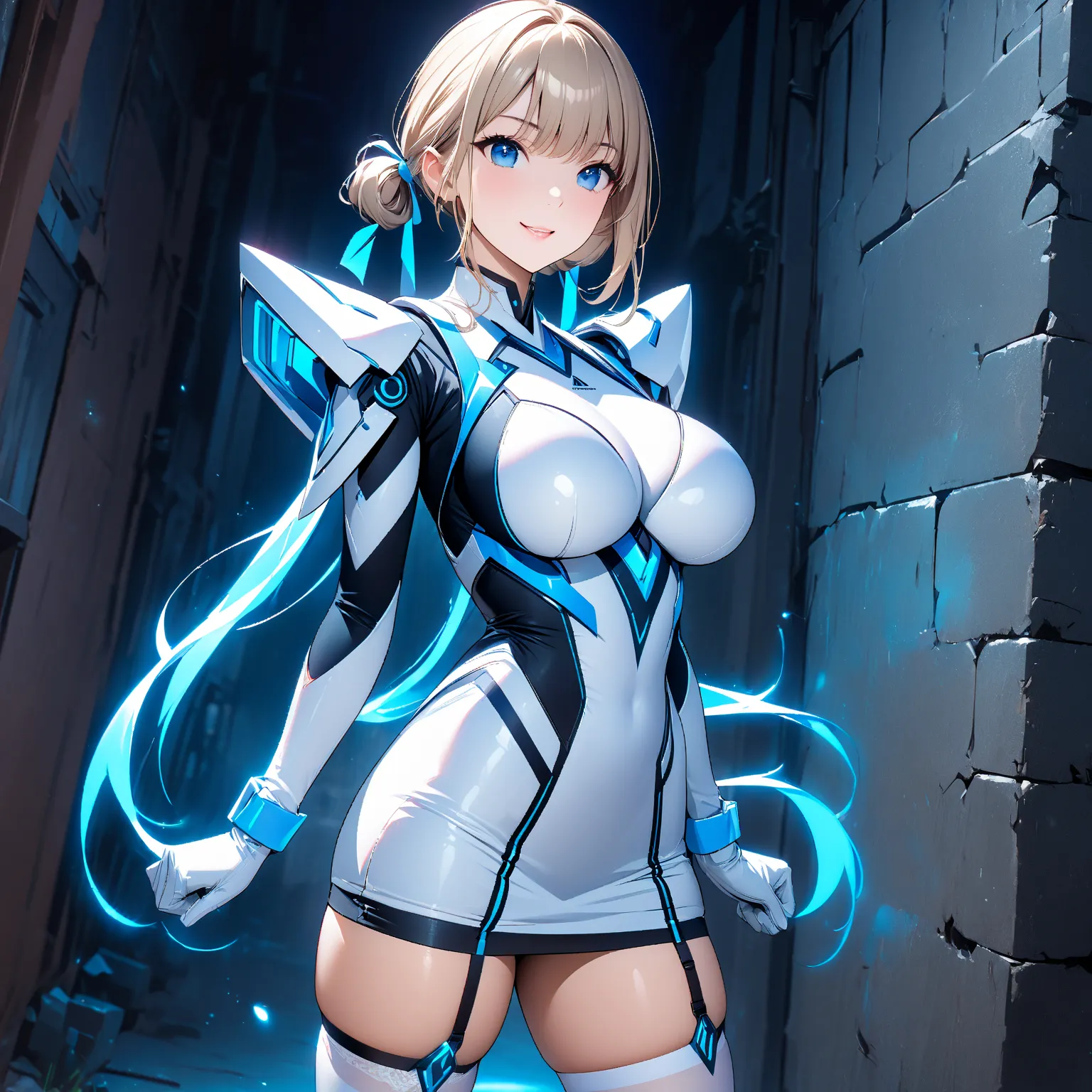 beautiful girl 、Age 30、Highest quality、 super precise、Detailed view、Blue light、night、wall、 Standing posture 、full body、fighting pose、True Face、sharpness、 white and blue futuristic suit、 miniskirt、 white beauty around her thighs 、 Bound shoulders  、  white ...