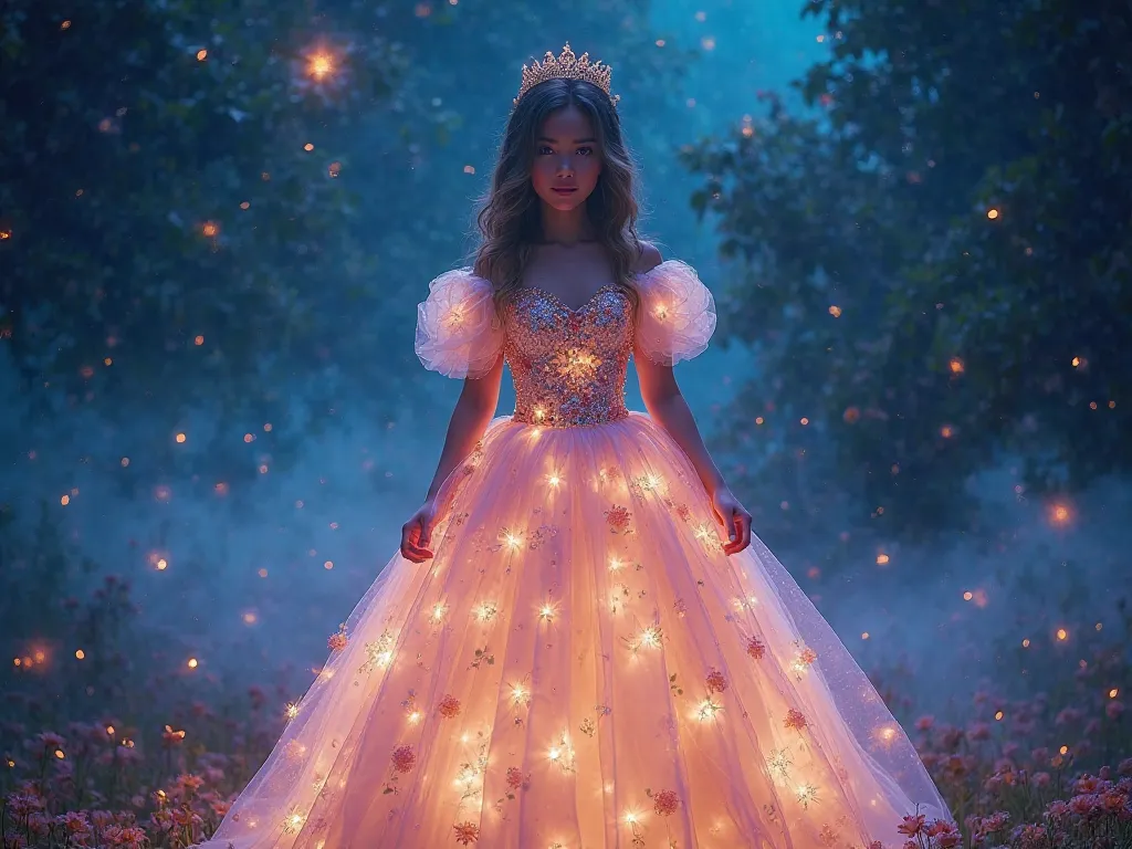 "A breathtaking front-facing view of a princess wearing a glowing dress adorned with flower lights, giving her a stunning, almost magical appearance. The dress features a voluminous sheer skirt embellished with bright light details resembling constellation...