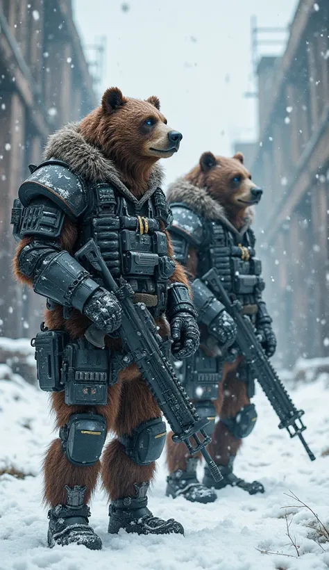 Two massive humanoid bear-headed warriors stand in the snow-covered ruins of an old industrial facility, their breath visible in the cold air. Dressed in heavy-duty black tactical armor with fur-lined collars, they carry advanced, oversized machine guns. T...