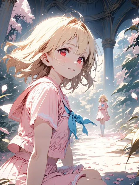 pink sailor summer suit, blonde medium hair, Red Eyed Girl, Alone, The background is petals fluttering,  alert ,  knee shot, corruption,  Shade, 