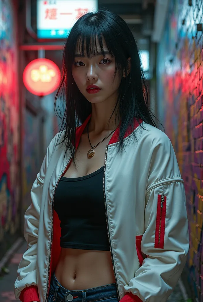 Chinese woman with straight hair, Chinese jacket, wearing white Chinese bomber jacket with red details over a black tank top. Cyberpunk alley scene with graffiti on the wall, night