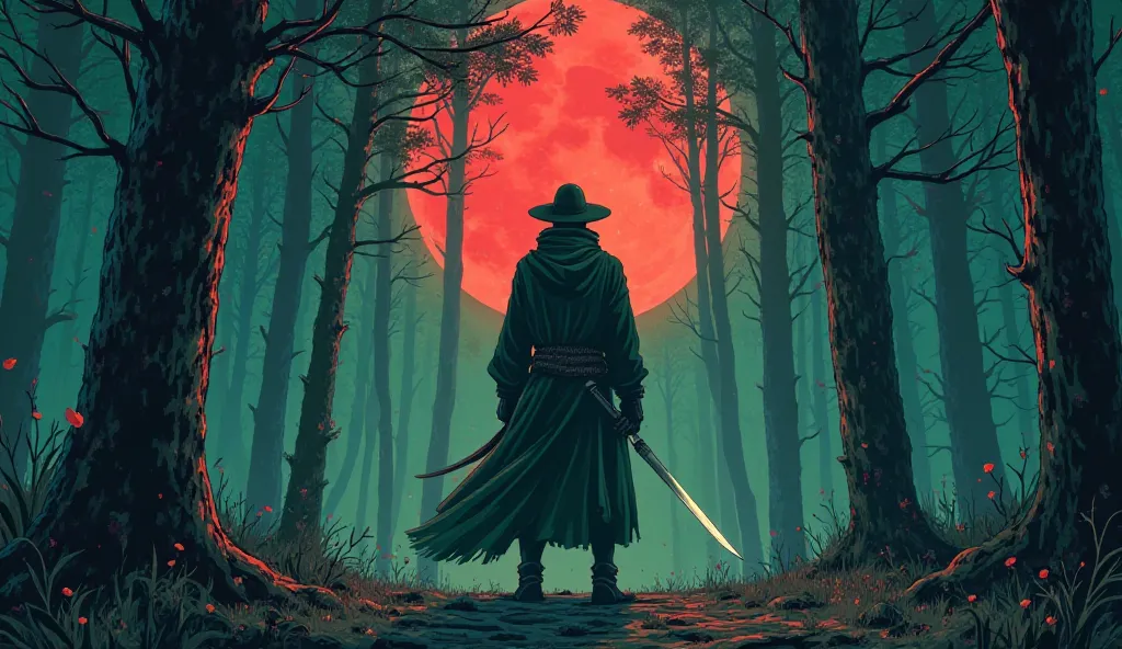 hand drawn illustration of a killer swordsman in green in the middle of the forest at night with a red moon, conceptual art,under the， anime style ，Dreamland Wonderland、Fantasy，   masterpiece ，HD， colored， detailed details 