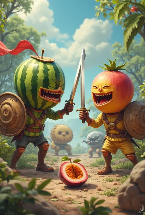 Create an image of war where watermelons and peaches fight over the heart of the passion fruit because they are in love with it 